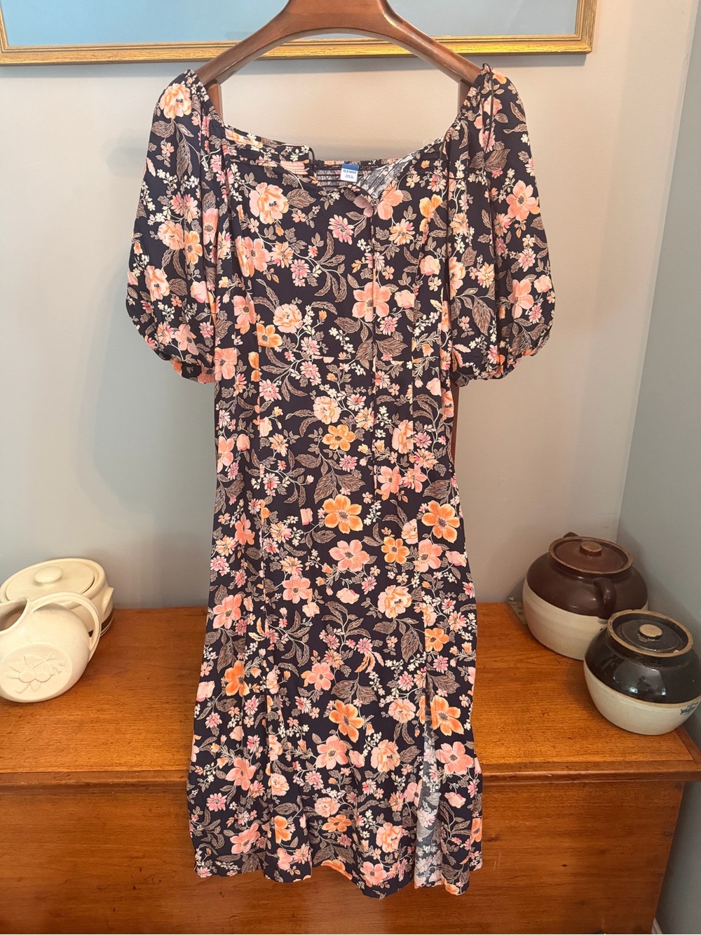 Old Navy Black Midi Dress with Peach & Cream Floral Print